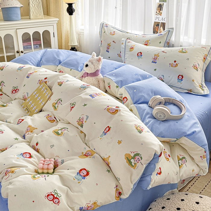 91家纺网 家纺一手货源 找家纺 美织缘家纺 2026直播爆款一字绣吊边床单款纯棉全棉四件套印花百分百（喷气高品质） 甜梦精灵-米