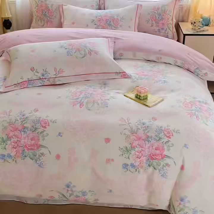 91家纺网 家纺一手货源 找家纺 美织缘家纺 2026直播爆款一字绣吊边床单款纯棉全棉四件套印花百分百（喷气高品质） 春之序曲-粉
