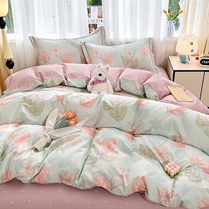 91家纺网 家纺一手货源 找家纺 美织缘家纺 2026直播爆款一字绣吊边床单款纯棉全棉四件套印花百分百（喷气高品质） 叶缦-蓝