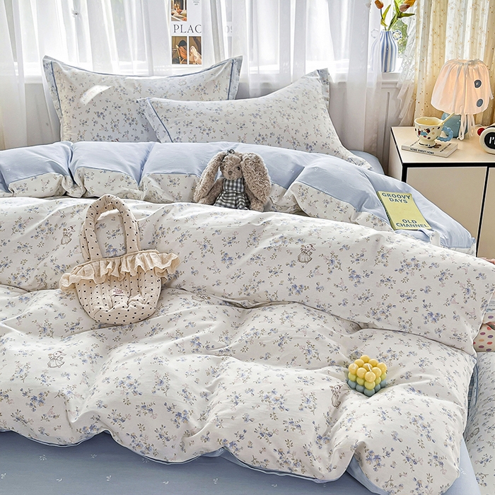 91家纺网 家纺一手货源 找家纺 美织缘家纺 2026直播爆款一字绣吊边床单款纯棉全棉四件套印花百分百（喷气高品质） 浅影-蓝