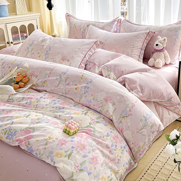 91家纺网 家纺一手货源 找家纺 美织缘家纺 2026直播爆款一字绣吊边床单款纯棉全棉四件套印花百分百（喷气高品质） 浣溪沙-粉