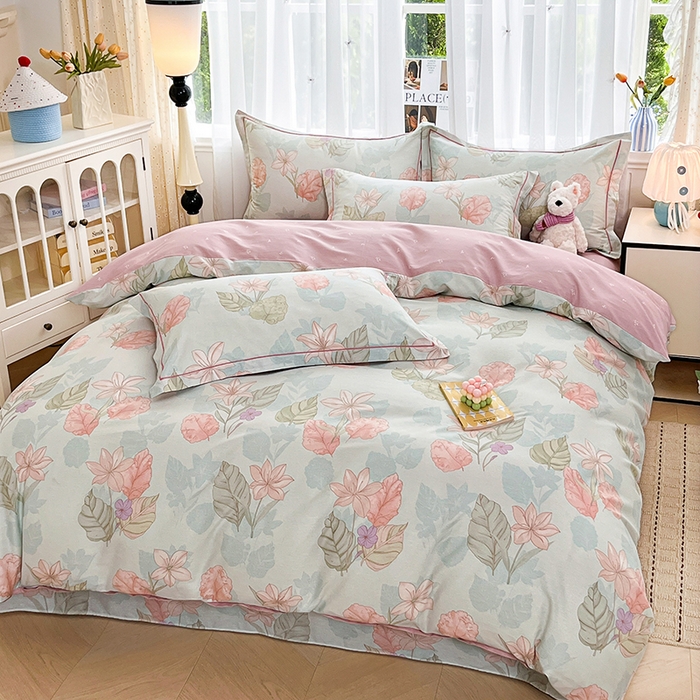 91家纺网 家纺一手货源 找家纺 美织缘家纺 2026直播爆款一字绣吊边床单款纯棉全棉四件套印花百分百（喷气高品质） 叶缦-蓝