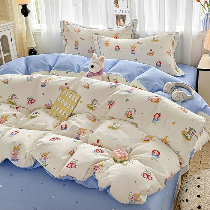 91家纺网 家纺一手货源 找家纺 美织缘家纺 2026直播爆款一字绣吊边床单款纯棉全棉四件套印花百分百（喷气高品质） 甜梦精灵-米