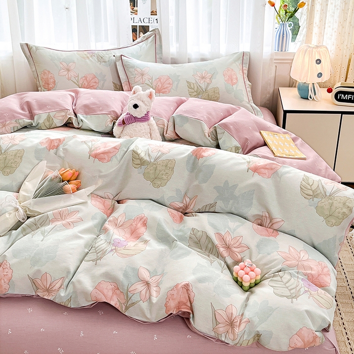 91家纺网 家纺一手货源 找家纺 美织缘家纺 2026直播爆款一字绣吊边床单款纯棉全棉四件套印花百分百（喷气高品质） 叶缦-蓝