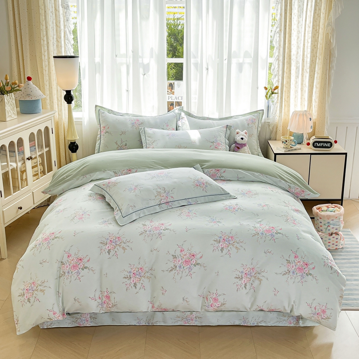 91家纺网 家纺一手货源 找家纺 美织缘家纺 2026直播爆款一字绣吊边床单款纯棉全棉四件套印花百分百（喷气高品质） 江南小调-绿