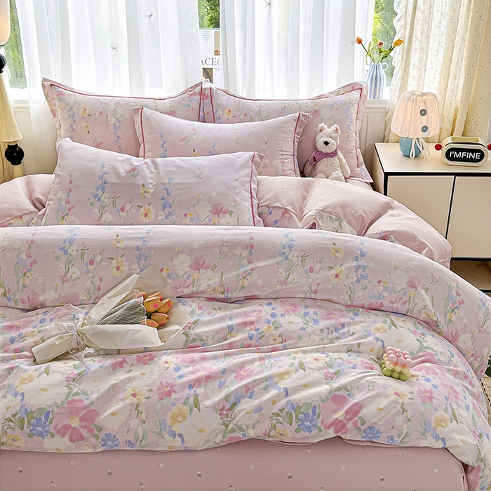 91家纺网 家纺一手货源 找家纺 美织缘家纺 2026直播爆款一字绣吊边床单款纯棉全棉四件套印花百分百（喷气高品质） 浣溪沙-粉