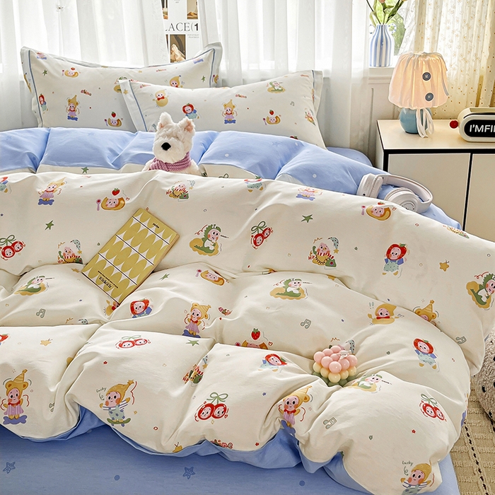 91家纺网 家纺一手货源 找家纺 美织缘家纺 2026直播爆款一字绣吊边床单款纯棉全棉四件套印花百分百（喷气高品质） 甜梦精灵-米