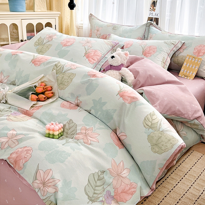 91家纺网 家纺一手货源 找家纺 美织缘家纺 2026直播爆款一字绣吊边床单款纯棉全棉四件套印花百分百（喷气高品质） 叶缦-蓝