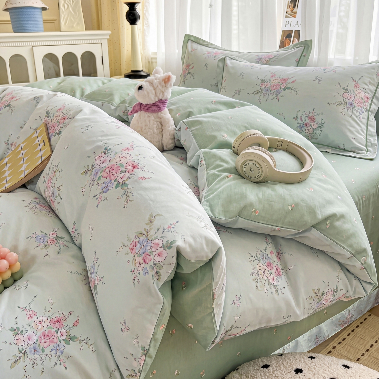 91家纺网 家纺一手货源 找家纺 美织缘家纺 2026直播爆款一字绣吊边床单款纯棉全棉四件套印花百分百（喷气高品质） 江南小调-绿