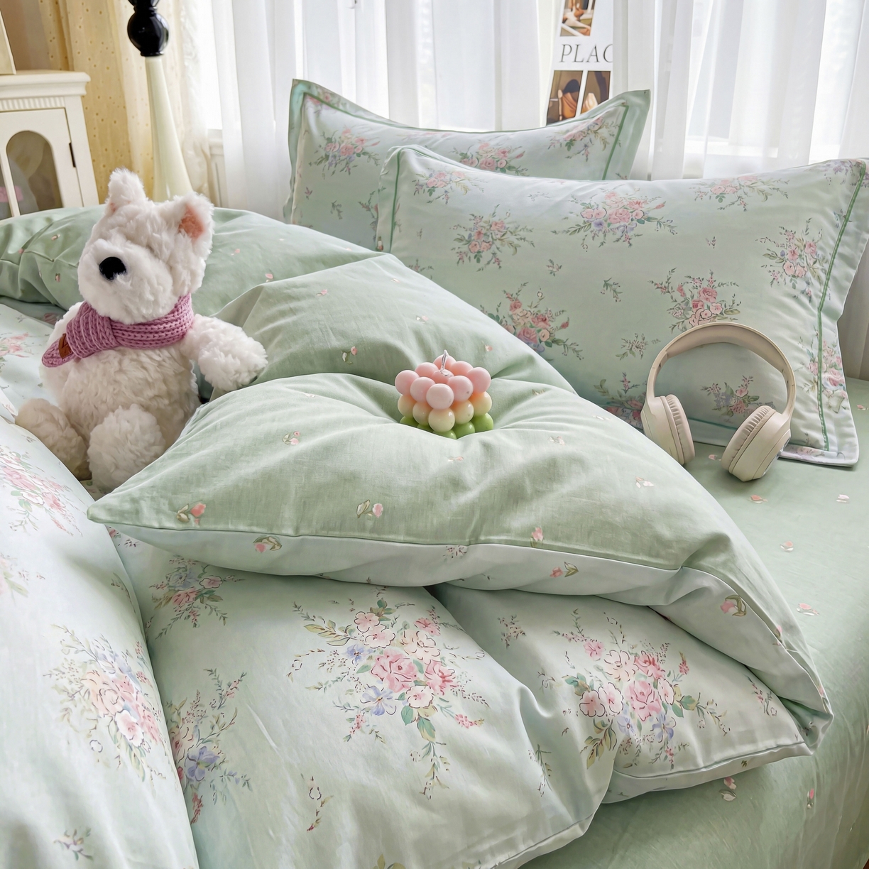 91家纺网 家纺一手货源 找家纺 美织缘家纺 2026直播爆款一字绣吊边床单款纯棉全棉四件套印花百分百（喷气高品质） 江南小调-绿