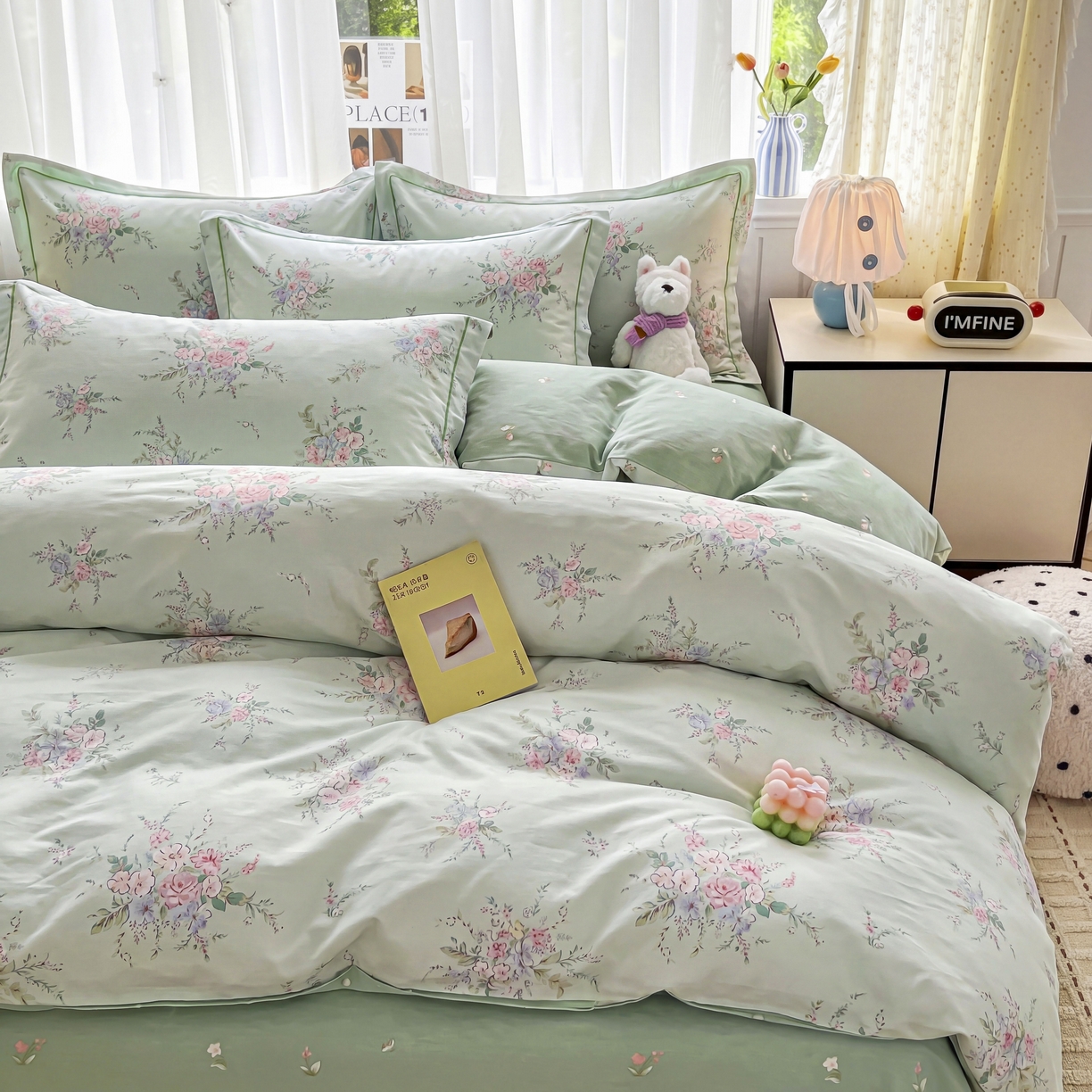91家纺网 家纺一手货源 找家纺 美织缘家纺 2026直播爆款一字绣吊边床单款纯棉全棉四件套印花百分百（喷气高品质） 江南小调-绿