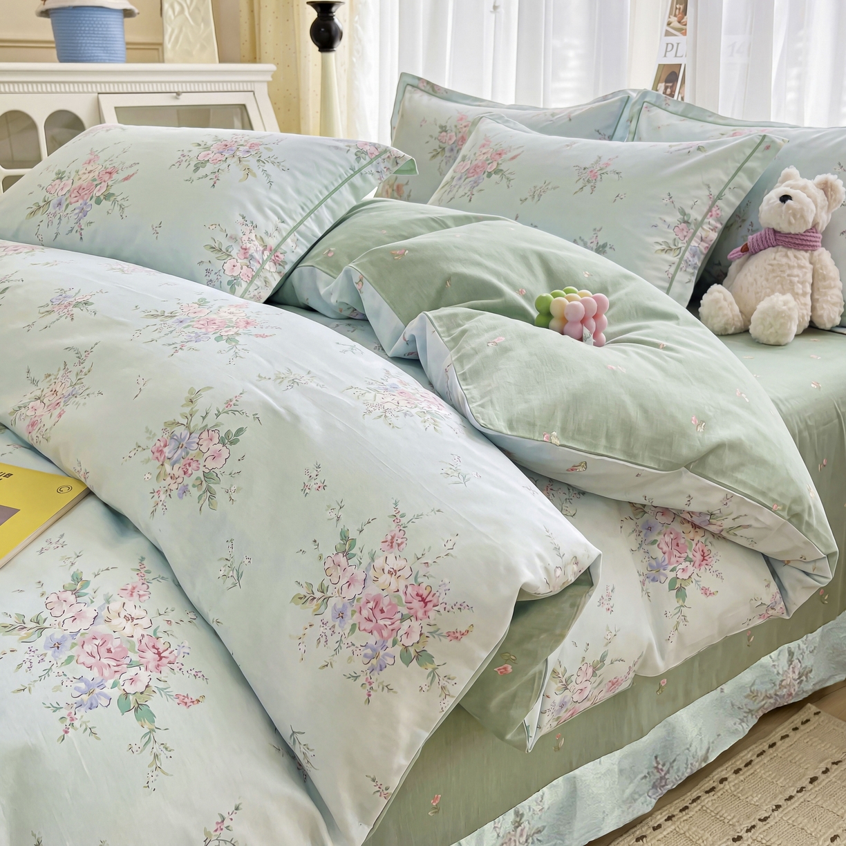 美织缘家纺 2026直播爆款一字绣吊边床单款纯棉全棉四件套印花百分百（喷气高品质） 江南小调-绿