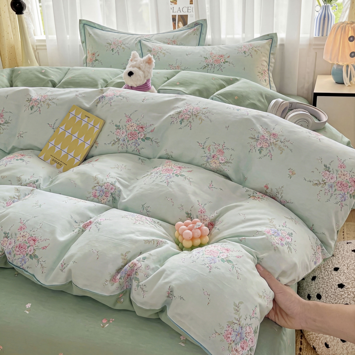 91家纺网 家纺一手货源 找家纺 美织缘家纺 2026直播爆款一字绣吊边床单款纯棉全棉四件套印花百分百（喷气高品质） 江南小调-绿