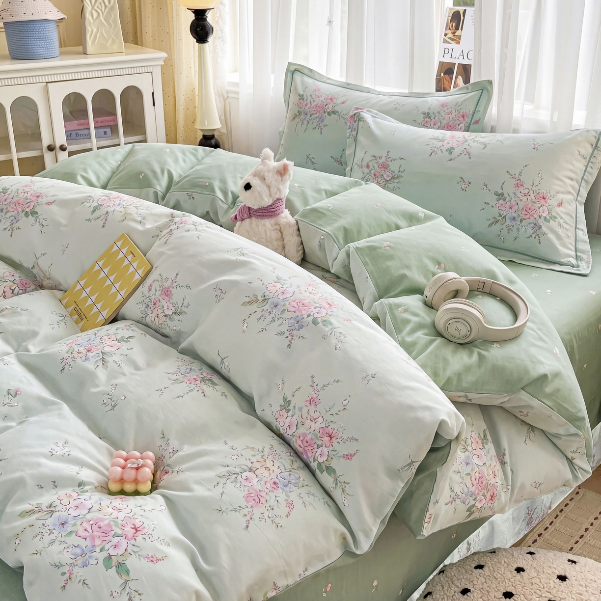 91家纺网 家纺一手货源 找家纺 美织缘家纺 2026直播爆款一字绣吊边床单款纯棉全棉四件套印花百分百（喷气高品质） 江南小调-绿