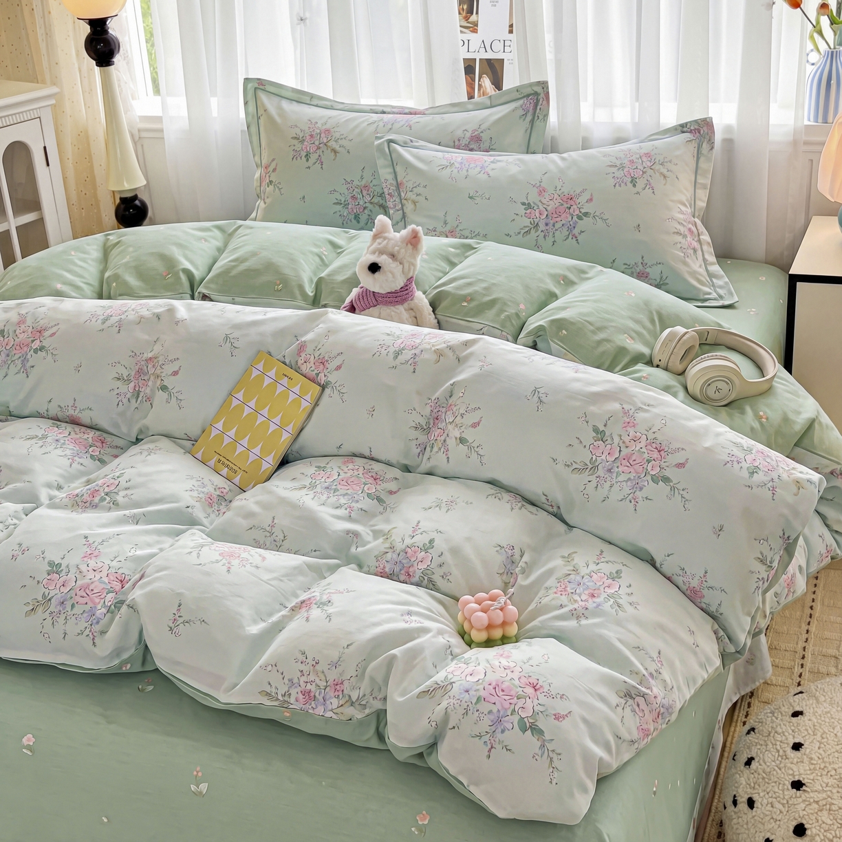 91家纺网 家纺一手货源 找家纺 美织缘家纺 2026直播爆款一字绣吊边床单款纯棉全棉四件套印花百分百（喷气高品质） 江南小调-绿