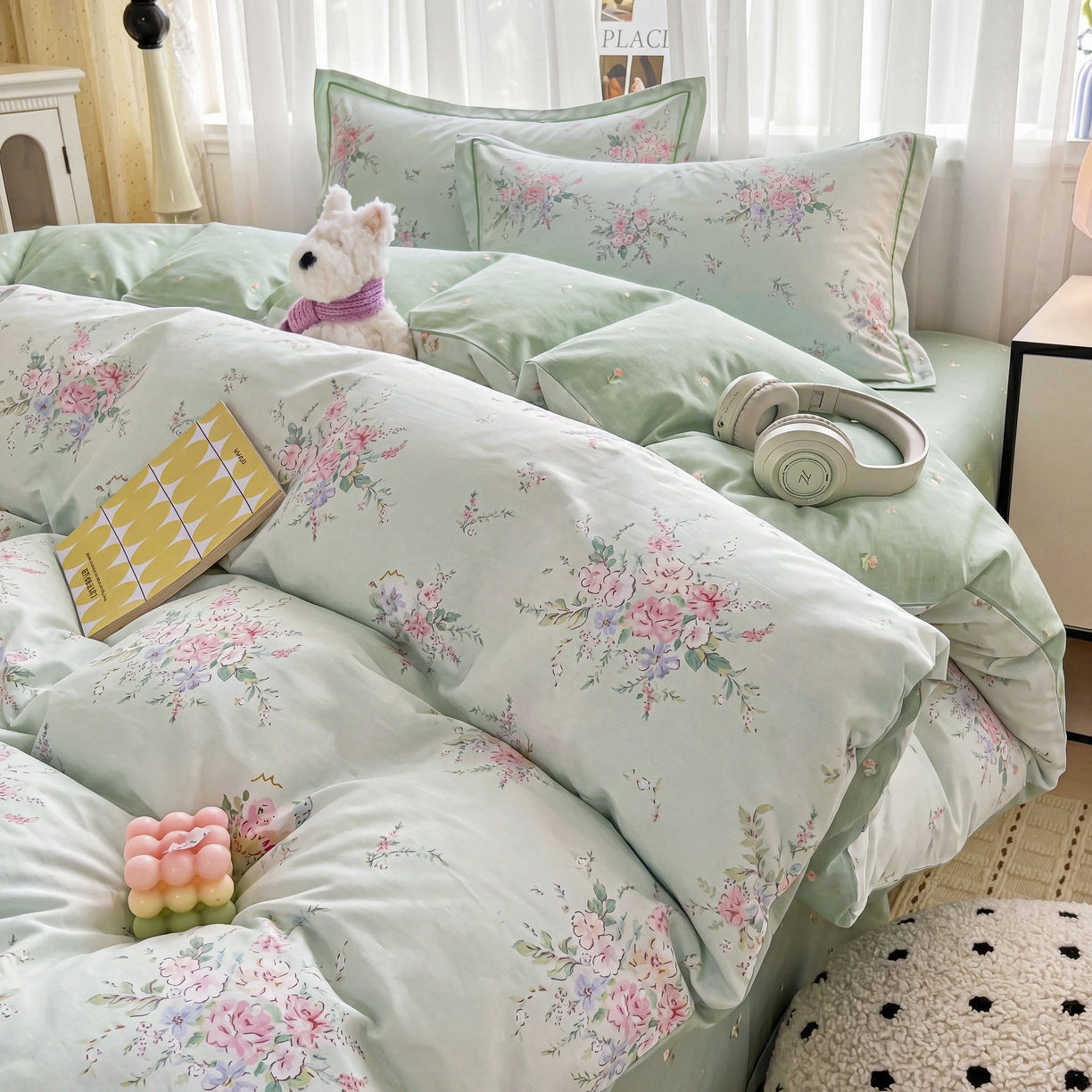 91家纺网 家纺一手货源 找家纺 美织缘家纺 2026直播爆款一字绣吊边床单款纯棉全棉四件套印花百分百（喷气高品质） 江南小调-绿