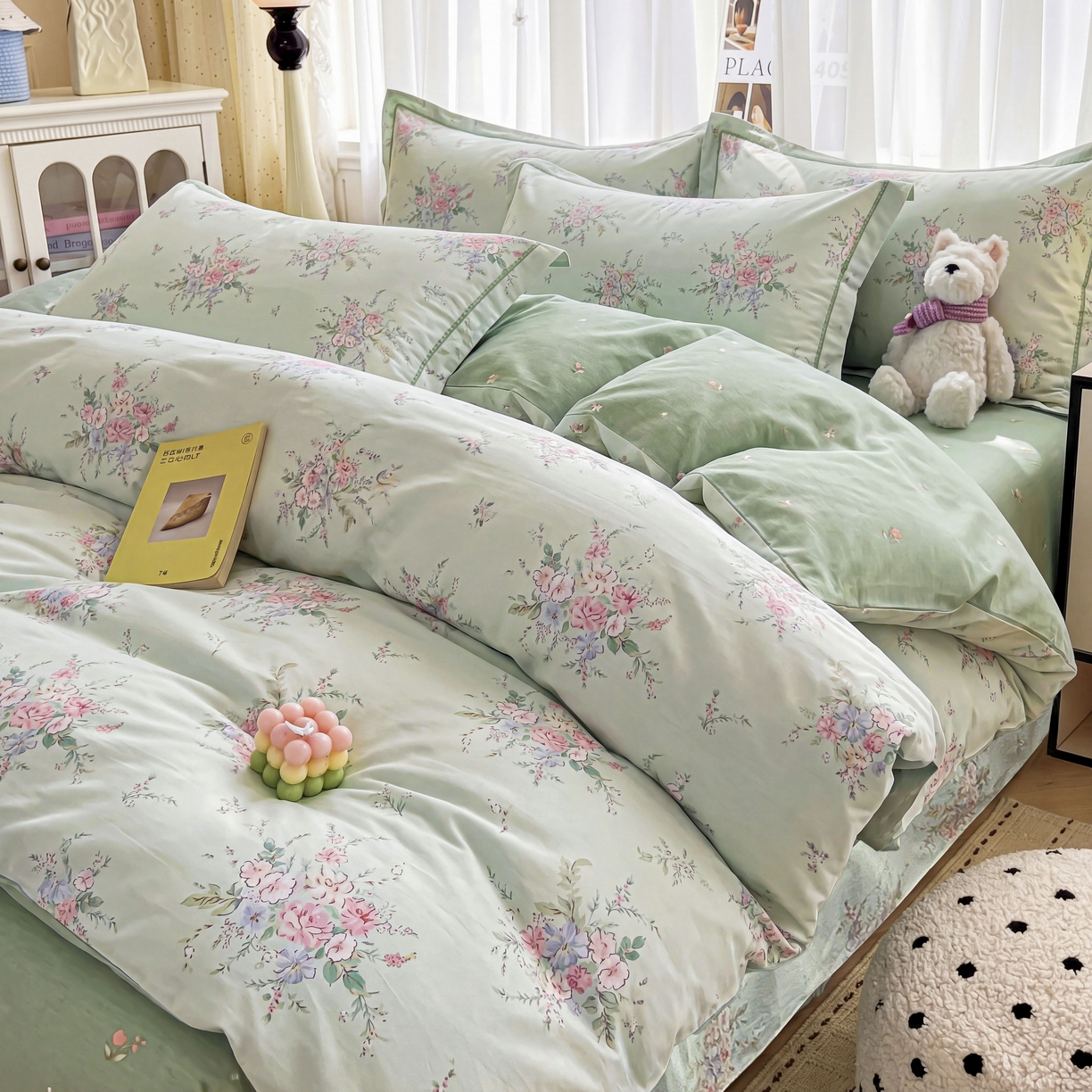 91家纺网 家纺一手货源 找家纺 美织缘家纺 2026直播爆款一字绣吊边床单款纯棉全棉四件套印花百分百（喷气高品质） 江南小调-绿