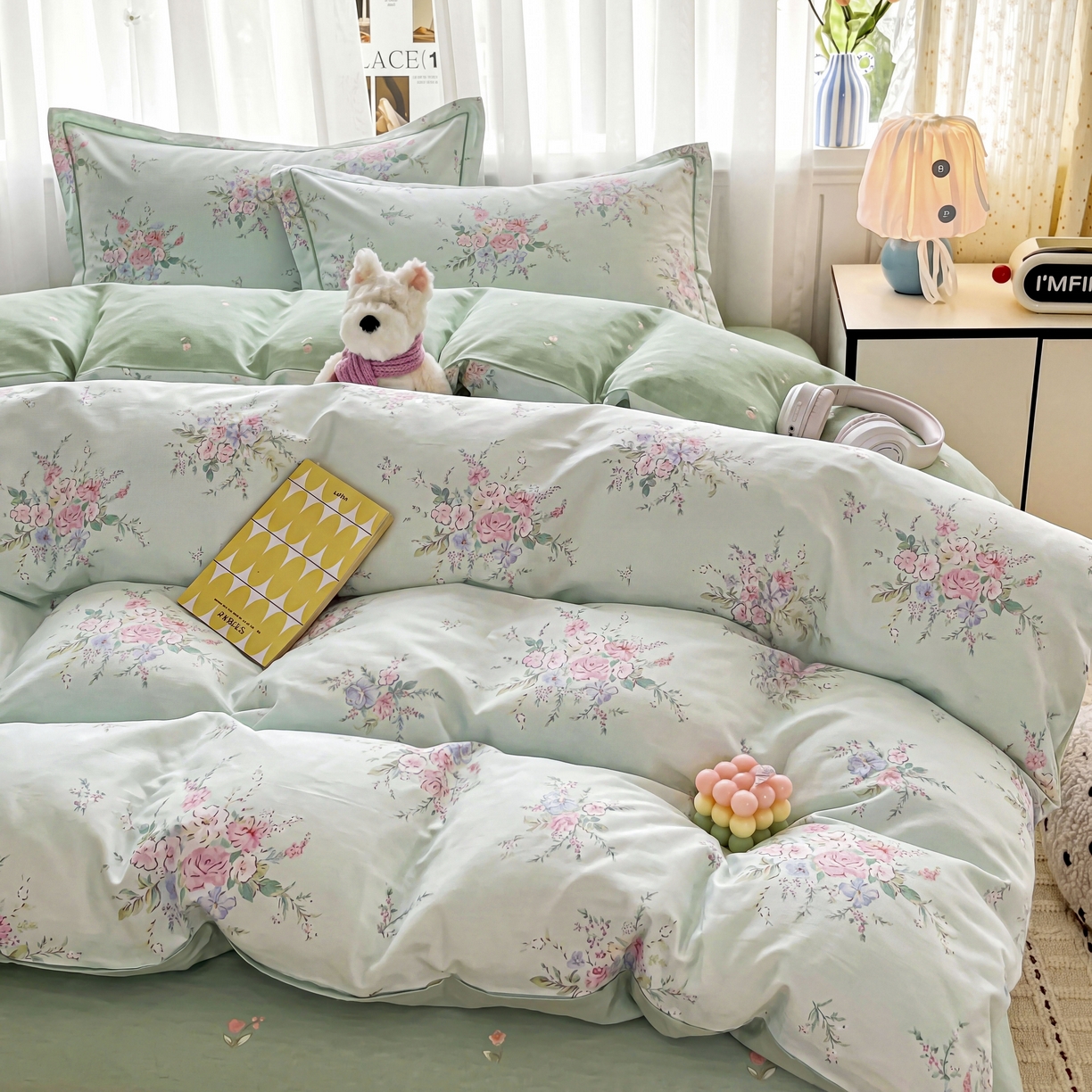 91家纺网 家纺一手货源 找家纺 美织缘家纺 2026直播爆款一字绣吊边床单款纯棉全棉四件套印花百分百（喷气高品质） 江南小调-绿