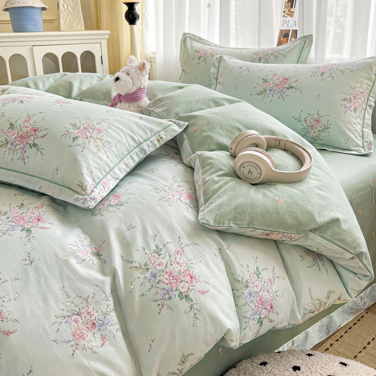 91家纺网 家纺一手货源 找家纺 美织缘家纺 2026直播爆款一字绣吊边床单款纯棉全棉四件套印花百分百（喷气高品质） 江南小调-绿