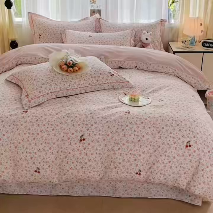 91家纺网 家纺一手货源 找家纺 美织缘家纺 2026直播爆款一字绣吊边床单款纯棉全棉四件套印花百分百（喷气高品质） 艾美-粉