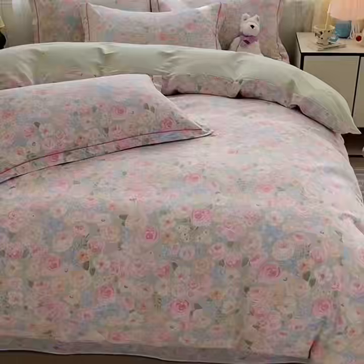 91家纺网 家纺一手货源 找家纺 美织缘家纺 2026直播爆款一字绣吊边床单款纯棉全棉四件套印花百分百（喷气高品质） 花开似锦-粉