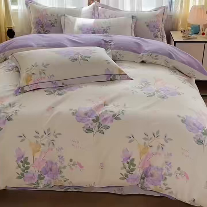 91家纺网 家纺一手货源 找家纺 美织缘家纺 2026直播爆款一字绣吊边床单款纯棉全棉四件套印花百分百（喷气高品质） 嫣然花开-米