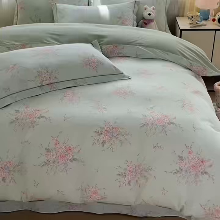 91家纺网 家纺一手货源 找家纺 美织缘家纺 2026直播爆款一字绣吊边床单款纯棉全棉四件套印花百分百（喷气高品质） 江南小调-绿