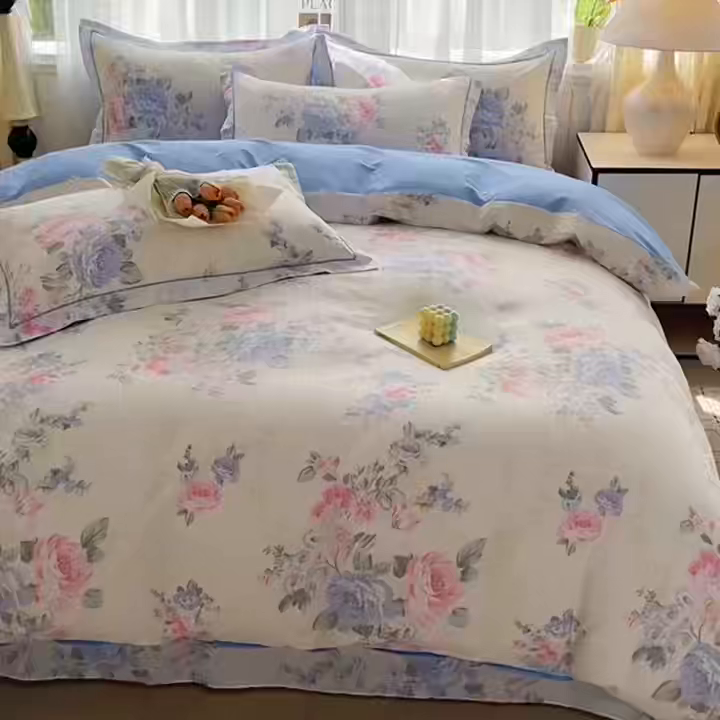 91家纺网 家纺一手货源 找家纺 美织缘家纺 2026直播爆款一字绣吊边床单款纯棉全棉四件套印花百分百（喷气高品质） 依恋花韵-米