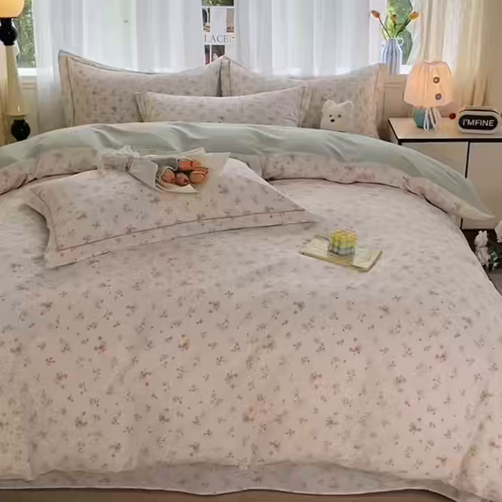 91家纺网 家纺一手货源 找家纺 美织缘家纺 2026直播爆款一字绣吊边床单款纯棉全棉四件套印花百分百（喷气高品质） 春茶弥香-桔