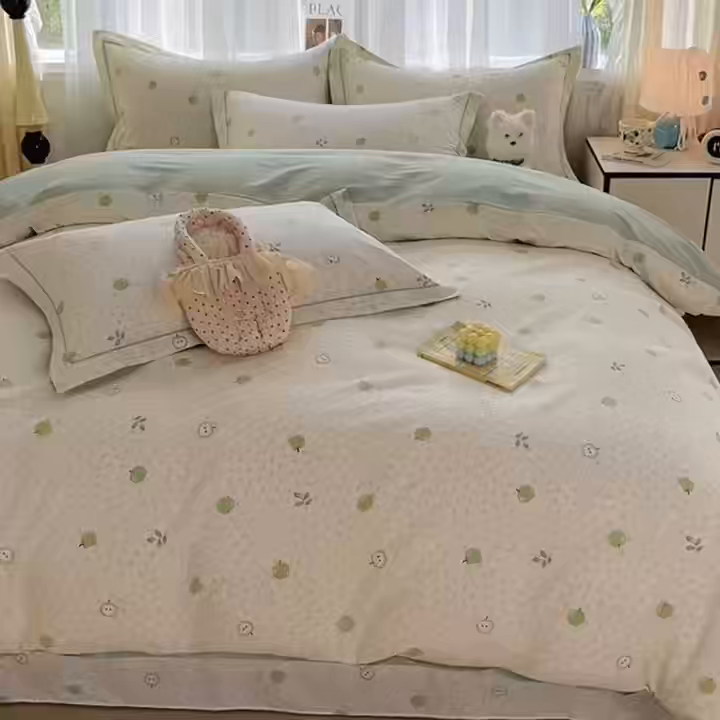 91家纺网 家纺一手货源 找家纺 美织缘家纺 2026直播爆款一字绣吊边床单款纯棉全棉四件套印花百分百（喷气高品质） 小苹果-绿