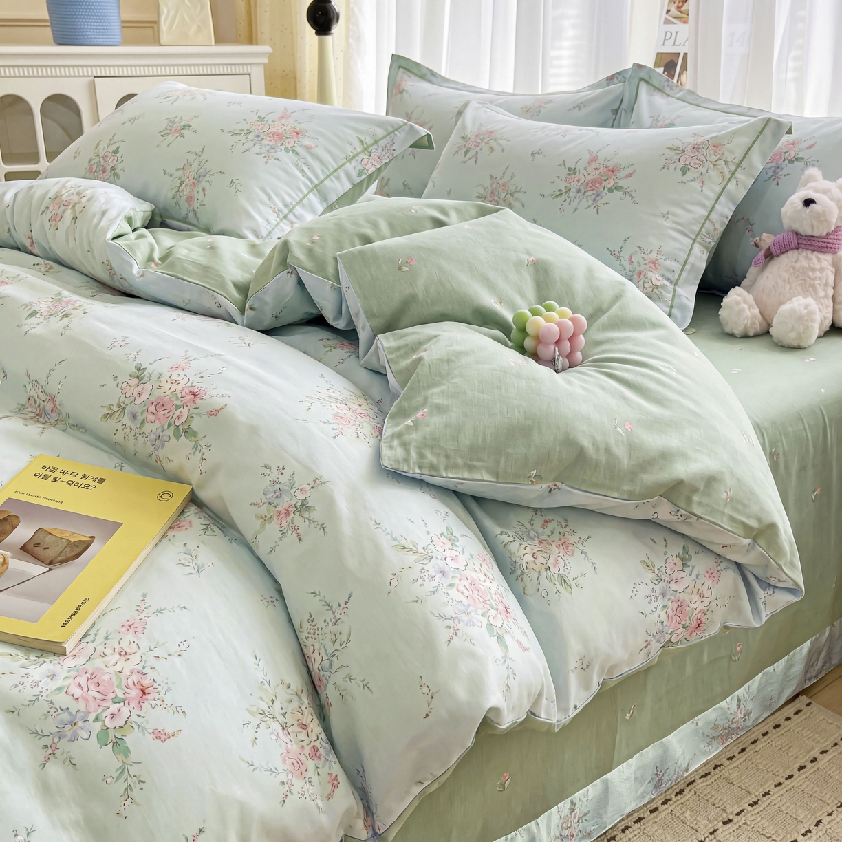 91家纺网 家纺一手货源 找家纺 美织缘家纺 2026直播爆款一字绣吊边床单款纯棉全棉四件套印花百分百（喷气高品质） 江南小调-绿