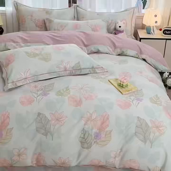 91家纺网 家纺一手货源 找家纺 美织缘家纺 2026直播爆款一字绣吊边床单款纯棉全棉四件套印花百分百（喷气高品质） 叶缦-蓝