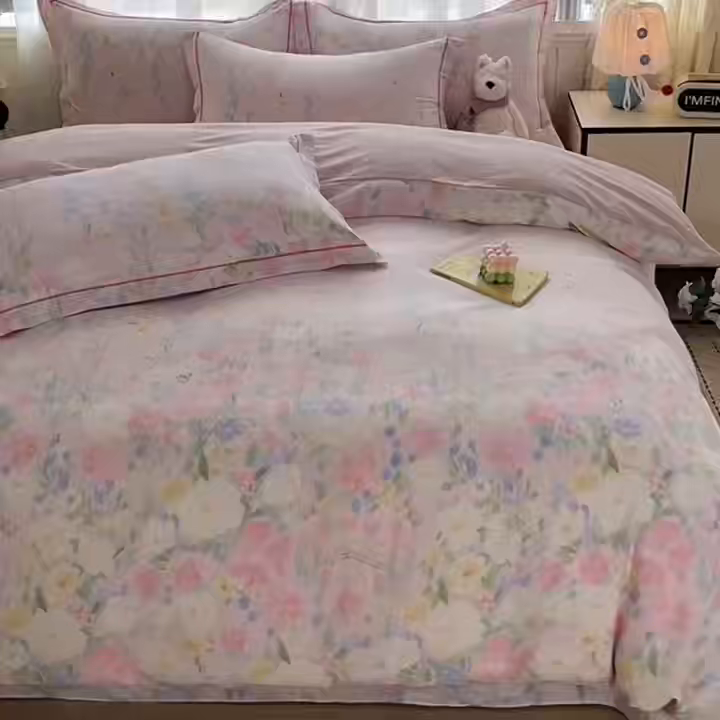 91家纺网 家纺一手货源 找家纺 美织缘家纺 2026直播爆款一字绣吊边床单款纯棉全棉四件套印花百分百（喷气高品质） 浣溪沙-粉