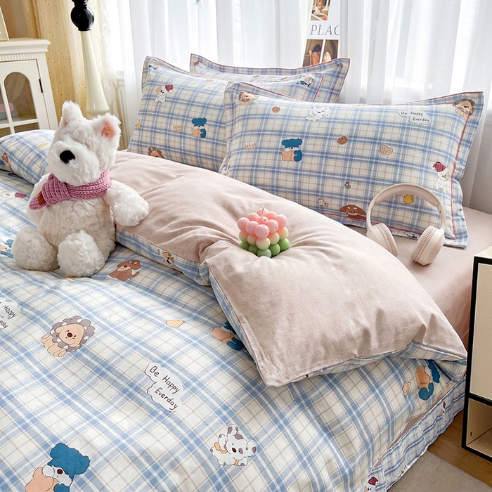 91家纺网 家纺一手货源 找家纺 美织缘家纺 2026直播爆款一字绣吊边床单款纯棉全棉四件套印花百分百（喷气高品质） 俏皮狗-蓝