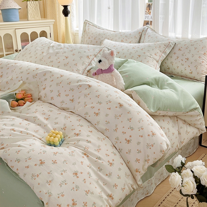 91家纺网 家纺一手货源 找家纺 美织缘家纺 2026直播爆款一字绣吊边床单款纯棉全棉四件套印花百分百（喷气高品质） 春茶弥香-桔