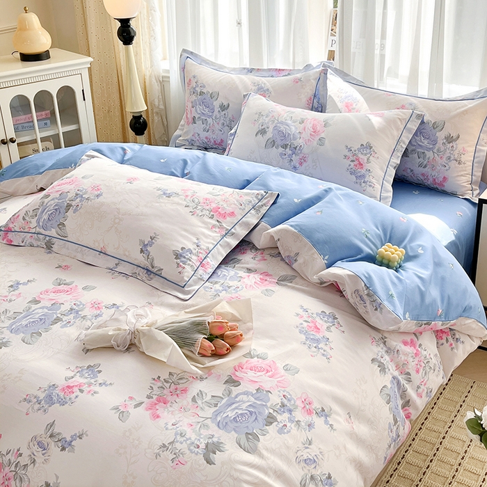 91家纺网 家纺一手货源 找家纺 美织缘家纺 2026直播爆款一字绣吊边床单款纯棉全棉四件套印花百分百（喷气高品质） 依恋花韵-米