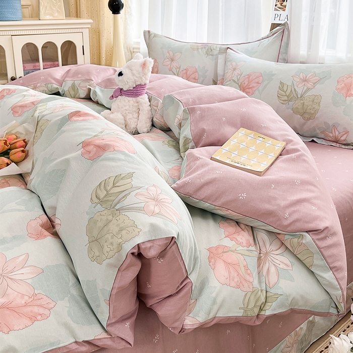 91家纺网 家纺一手货源 找家纺 美织缘家纺 2026直播爆款一字绣吊边床单款纯棉全棉四件套印花百分百（喷气高品质） 叶缦-蓝