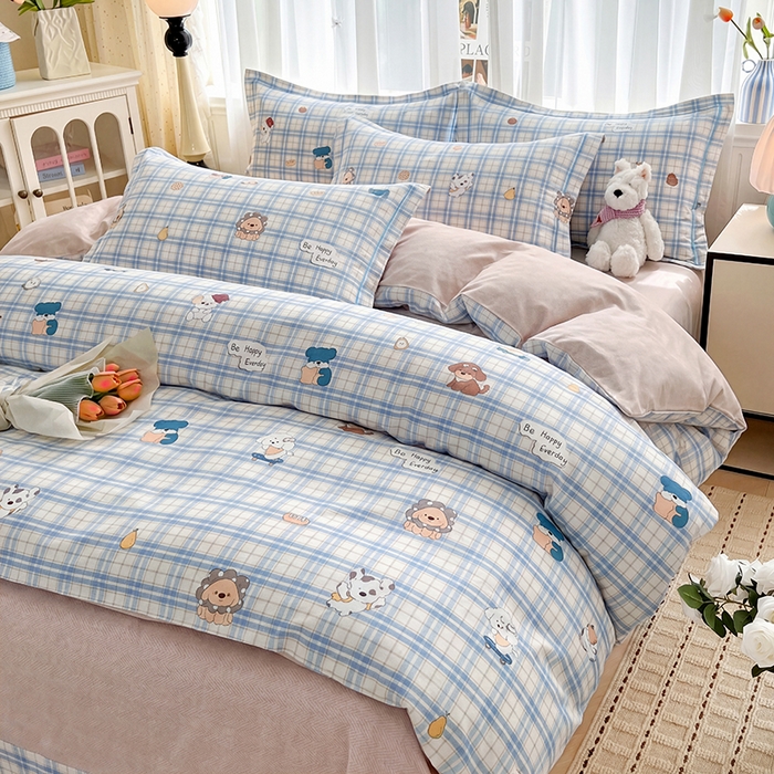 91家纺网 家纺一手货源 找家纺 美织缘家纺 2026直播爆款一字绣吊边床单款纯棉全棉四件套印花百分百（喷气高品质） 俏皮狗-蓝