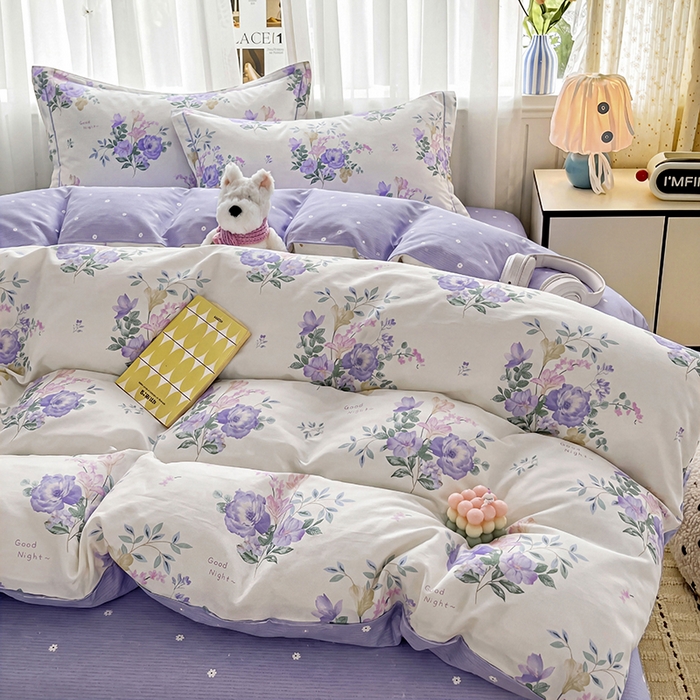 91家纺网 家纺一手货源 找家纺 美织缘家纺 2026直播爆款一字绣吊边床单款纯棉全棉四件套印花百分百（喷气高品质） 嫣然花开-米