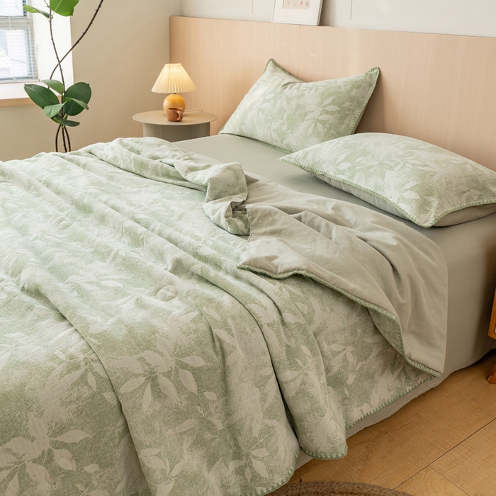 鸣升家纺 2026春夏新款全棉双层纱大提花夏被夏凉被空调被 香奈花园-绿