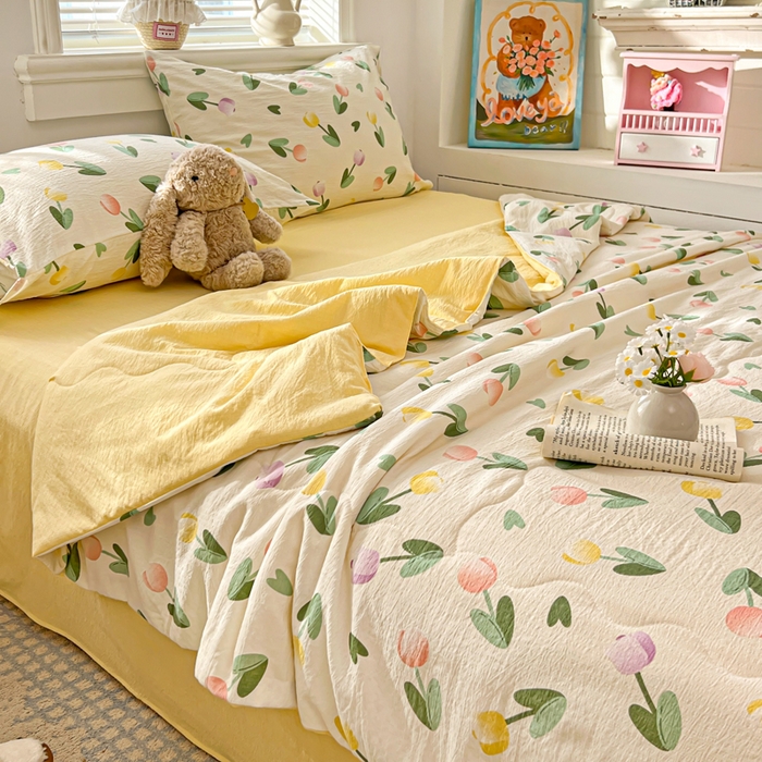 91家纺网 家纺一手货源 找家纺 花伞家居 2026新款皱皱双层纱夏被夏凉被空调被四件套 夏被-彩色郁金香