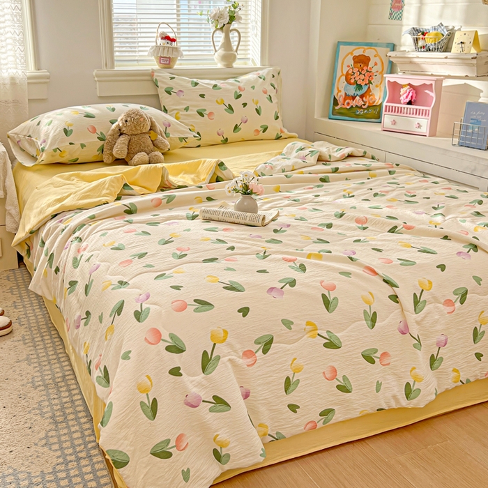 91家纺网 家纺一手货源 找家纺 花伞家居 2026新款皱皱双层纱夏被夏凉被空调被四件套 夏被-彩色郁金香