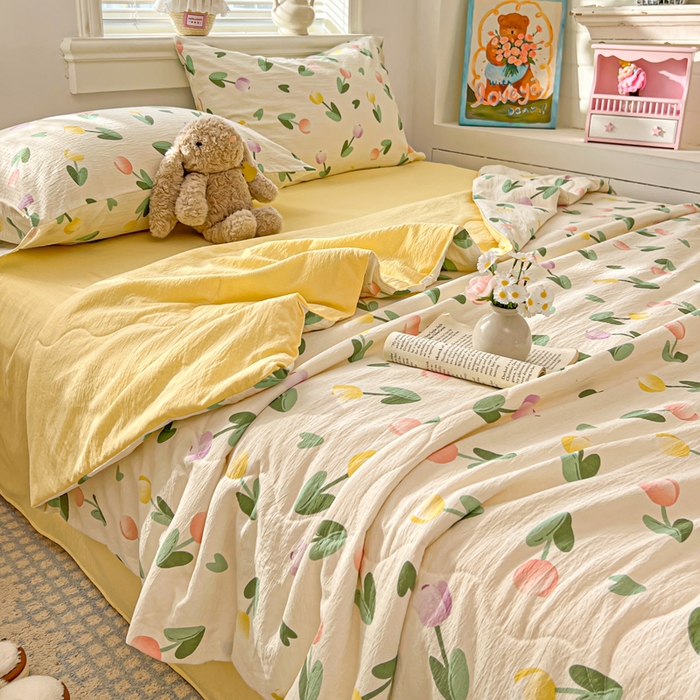 91家纺网 家纺一手货源 找家纺 花伞家居 2026新款皱皱双层纱夏被夏凉被空调被四件套 夏被-彩色郁金香