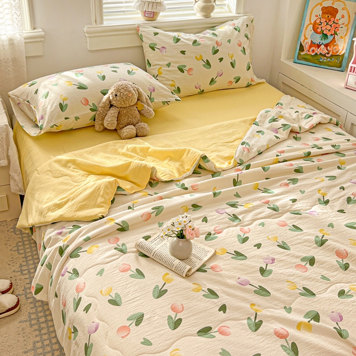 91家纺网 家纺一手货源 找家纺 花伞家居 2026新款皱皱双层纱夏被夏凉被空调被四件套 夏被-彩色郁金香