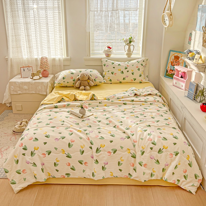 91家纺网 家纺一手货源 找家纺 花伞家居 2026新款皱皱双层纱夏被夏凉被空调被四件套 夏被-彩色郁金香