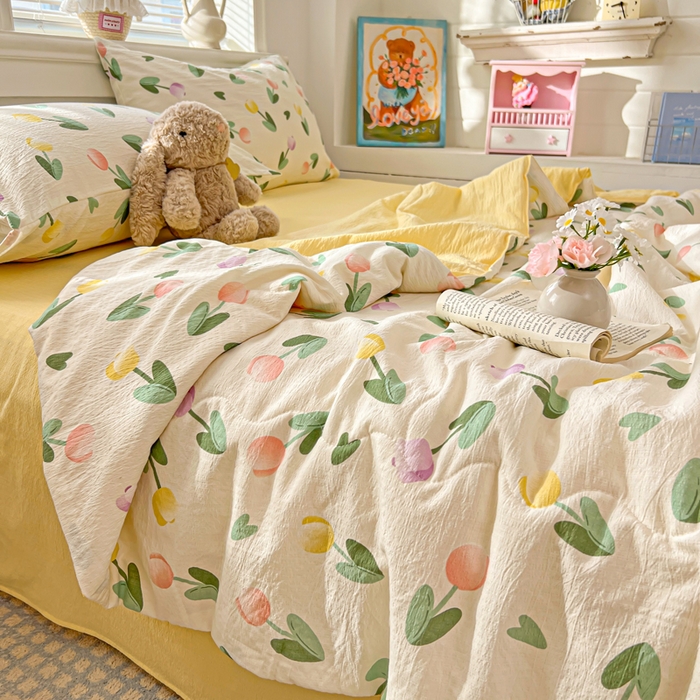 91家纺网 家纺一手货源 找家纺 花伞家居 2026新款皱皱双层纱夏被夏凉被空调被四件套 夏被-彩色郁金香