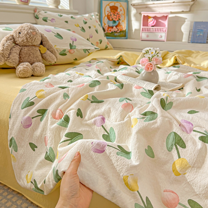 91家纺网 家纺一手货源 找家纺 花伞家居 2026新款皱皱双层纱夏被夏凉被空调被四件套 夏被-彩色郁金香