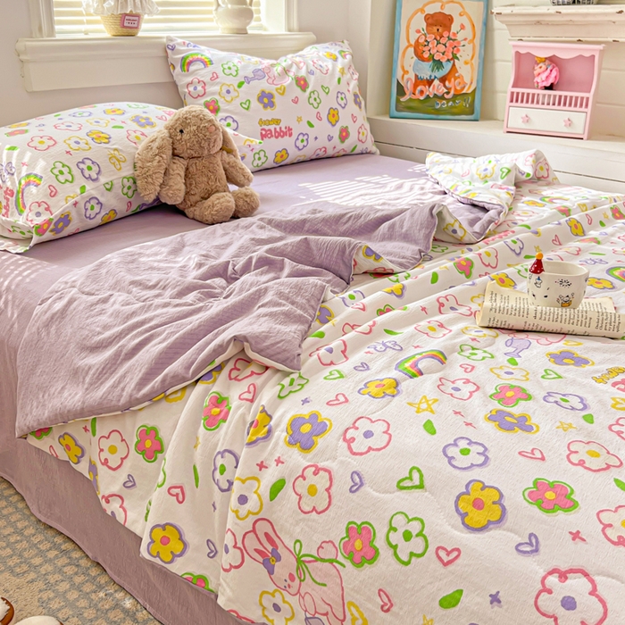 91家纺网 家纺一手货源 找家纺 花伞家居 2026新款皱皱双层纱夏被夏凉被空调被四件套 夏被-花匠兔