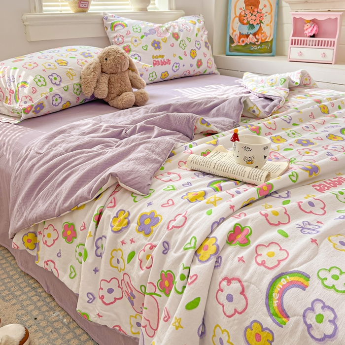 91家纺网 家纺一手货源 找家纺 花伞家居 2026新款皱皱双层纱夏被夏凉被空调被四件套 夏被-花匠兔