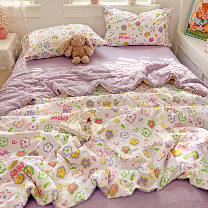 91家纺网 家纺一手货源 找家纺 花伞家居 2026新款皱皱双层纱夏被夏凉被空调被四件套 夏被-花匠兔